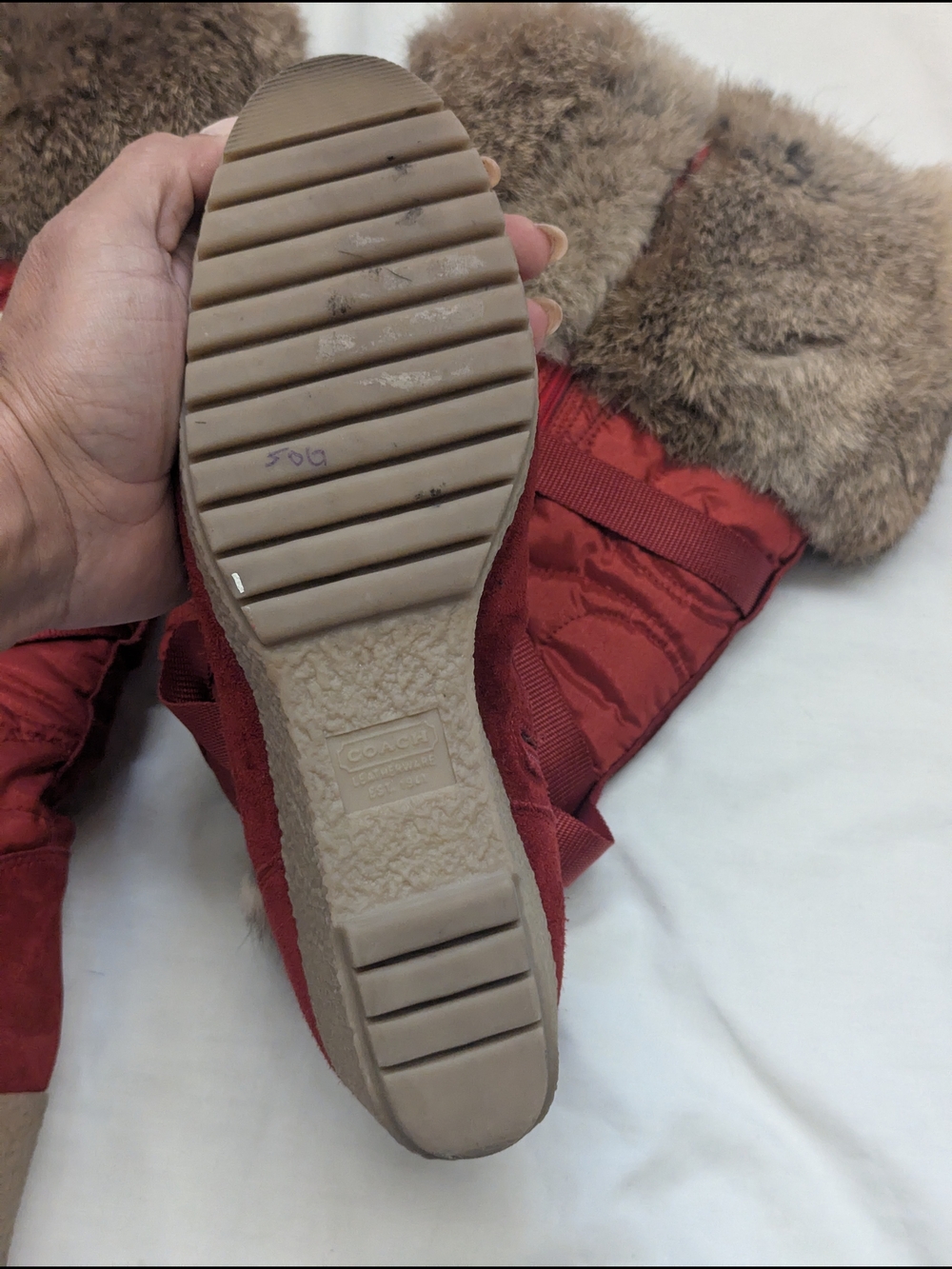 Coach Y2K Mackenzie Rabbit Fur Wedge Knee High Monogram Logo Boots Women's 9 - Picture 9 of 15